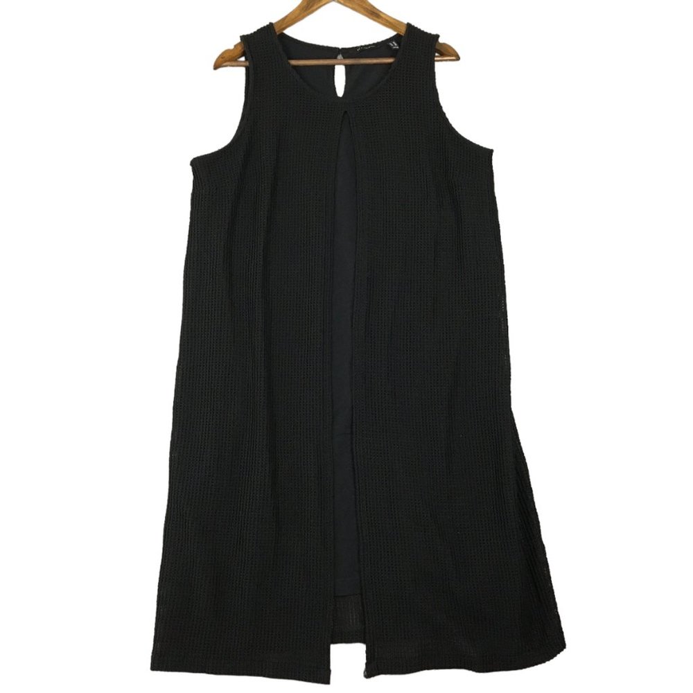 H Halston Dress 16 A Line Shift Knit Mesh Overlay Solid Black Career Casual QVC